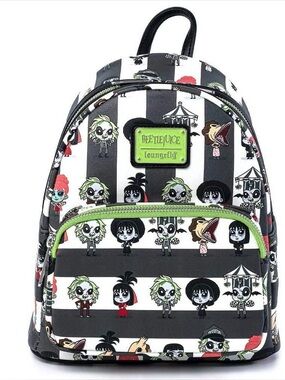 Loungefly Black & White Striped Beetlejuice Mini Backpack with Lime Accents